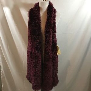 One World burgundy open front sweater vest with fu